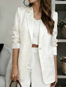 Elegante Damen Creme Blumenmuster Langarm Blazer, Jacke aus gewebtem Stoff mit regulärem Saum und Knopfverschluss für einen polierten Look, Weiß - Weiss - Übersicht 6