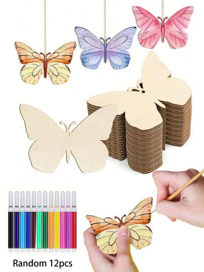 22pcs Unfinished Wooden Butterfly Shapes Set, Unpainted Wooden Butterfly Pieces With Colored Pens, Suitable For Holiday Decoration, DIY Art Projects, Home Decor, Customized Art Gifts, Insect Shaped Wooden Craft Supplies For Birthday, Graduation And Other Occasions