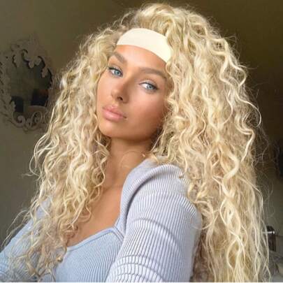 Peluca rizada dorada de 26 pulgadas de largo, accesorio de cabello sintético, peluca de estrella de rock para disfraz de Halloween, cosplay, uso diario para mujeres