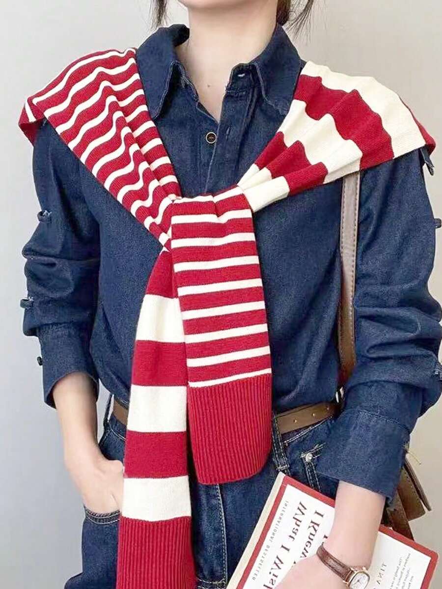 1件新款針織條紋女款披肩,搭配細肩帶小包,適合辦公室或戶外使用 - 63號紅白 - 查看 1