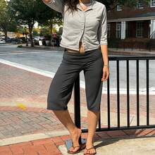 Women's Black Wide Leg Capri Pants, Low Waist Loose Fit Stretchy Cropped Trousers, Casual Y2K Streetwear Summer Daily Going Out Vacation Pants For Ladies - 灰色 - 查看 4