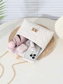 刺绣锁扣休闲单肩包，链条格纹斜挎包，时尚百搭手提包，女士纹理休闲钱包 - 白色 - 查看 7