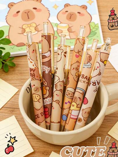 Hộp 6 bút bi rút hình chuột lang nước dễ thương, mực đen 0.5mm, bút màu trung tính dùng hàng ngày, cho học sinh và văn phòng.