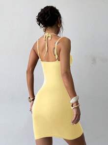 Solid Color Square Neck Backless Summer Dress, Please Order According To Size Chart - Yellow - View 5