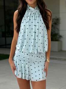 Minivestido sin mangas de lunares para mujer, cuello alto, falda fruncida, corte en A, ideal para fiestas de verano y ocasiones informales. - Azul - Ver 3