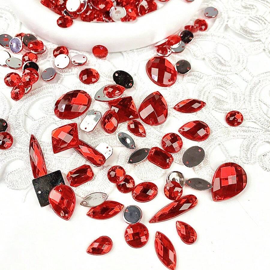 100 piezas/paquete Cristales de diamante de imitación rojos de acrílico de tamaños mixtos con parte trasera plana para coser, gemas de acrílico, diamantes para manualidades DIY, vestidos, ropa, zapatos, decoración de bolsos - Rojo - Ver 1