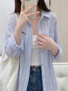 YUXIN Chemise femme rayée rose, respirante et confortable, coupe ample avec col châle et manches longues, convient pour le printemps et l'été - Bleu azur - Voir 5
