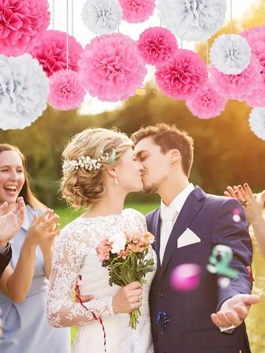 8pcs Fuchsia & Light Pink Paper Flower Balls Set, Fluffy Paper Flowers For Birthday Party Hanging Decor, Suitable For Scene Decoration, Home Decor, Room Decor, Birthday Party, Wedding Gift, Graduation Gift, Christmas Decoration - Rose Red Set - View 1