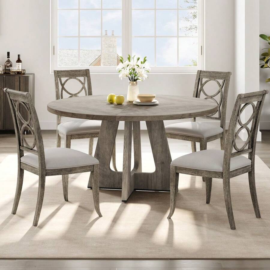 Runder Esstisch 120 cm im Landhausstil für 4 bis 6 Personen Rustikaler Essenztisch mit Holzbeinen Stabiler Küchentisch für Wohnzimmer und Esszimmer Ohne Stühle Walnuss-Optik - Grau - Übersicht 1