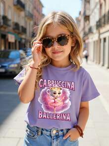 女孩卡布奇诺咖啡图案字母标语印花可爱圆领短袖T恤，夏季 - 紫色 - 查看 1
