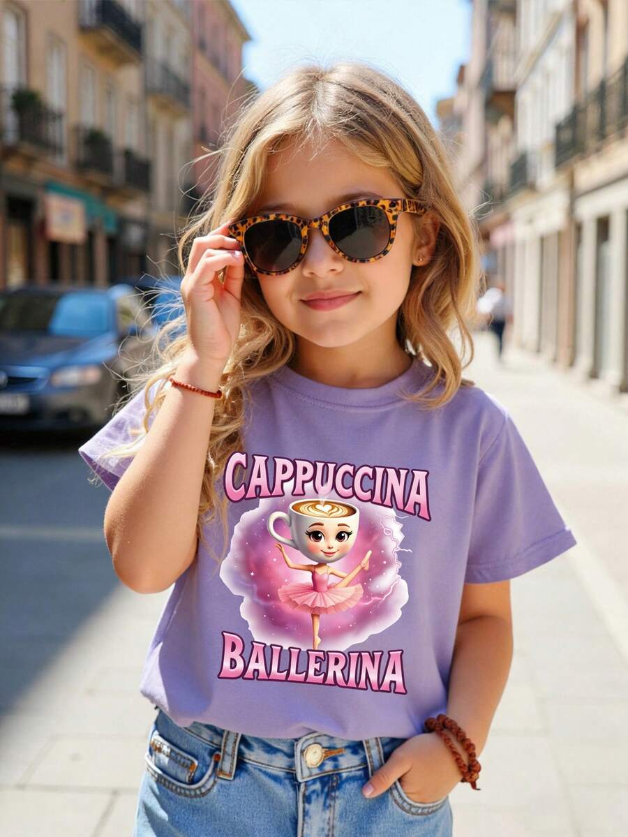 女孩卡布奇诺咖啡图案字母标语印花可爱圆领短袖T恤，夏季 - 紫色 - 查看 1