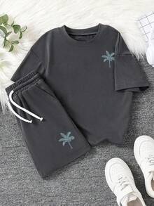 Young Boy Summer Casual Daily Commute Vacation Style Palm Tree & Letter Print Loose Fit T-Shirt And Drawstring Waist Shorts Set - Màu xám đen - Xem 2
