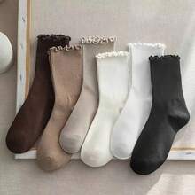 6 Pairs Women's Solid Color Mid-Calf Socks With Ruffle Trim, Soft Stacked Ribbed Texture, 6 Neutral Tones, Suitable For Casual And Formal Outfits, Comfortable Daily Wear, Cute Design, Elegant Socks - Multicolor - View 1