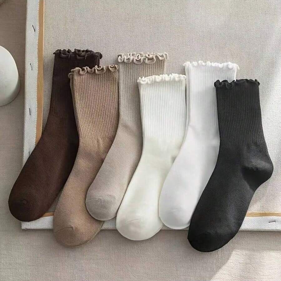 6 Pairs Women's Solid Color Mid-Calf Socks With Ruffle Trim, Soft Stacked Ribbed Texture, 6 Neutral Tones, Suitable For Casual And Formal Outfits, Comfortable Daily Wear, Cute Design, Elegant Socks - Multicolor - View 1