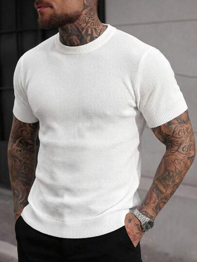 Herren Lässig vielseitiges tägliches Shirt mit einfarbigem Ananas-Muster, Rundhalsausschnitt, Kurzarm, Strick, Sommer