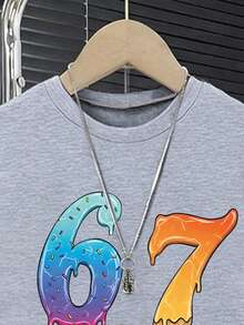 2pcs/Set Young Boy Numeric Print Round Neck Short Sleeve T-Shirt And Shorts Casual Outfit - Grey - View 3