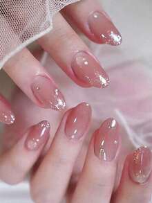 Fingertip Temptation And Charming Style 24-Piece Short Oval Simple French Gradient 3D Purely Handmade Studded Nail Art Fake Nail Tips Press-On Nails Fingernail Set Suitable For Students, Ladies, Parties, Proms, And Daily Wear - Multicolor - View 1
