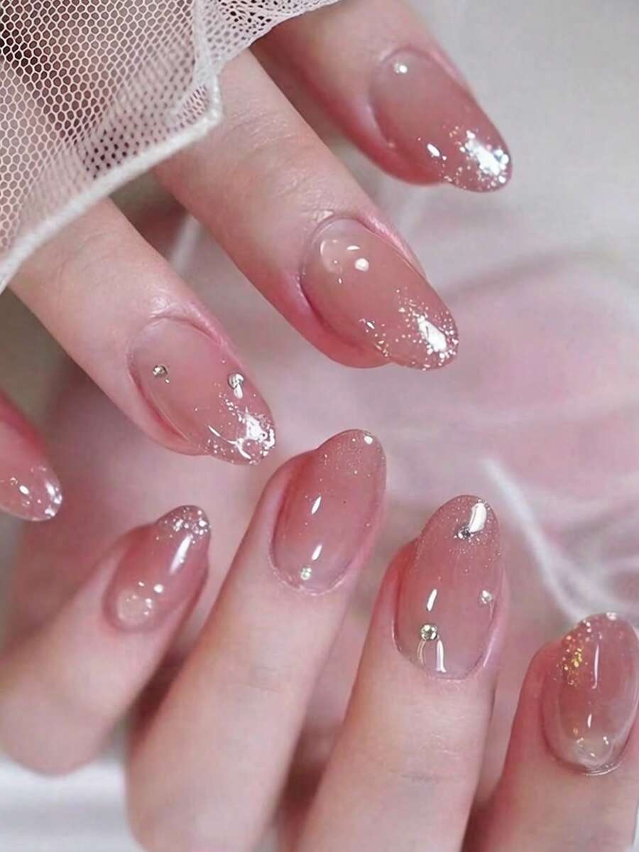 Fingertip Temptation And Charming Style 24-Piece Short Oval Simple French Gradient 3D Purely Handmade Studded Nail Art Fake Nail Tips Press-On Nails Fingernail Set Suitable For Students, Ladies, Parties, Proms, And Daily Wear - Multicolor - View 1