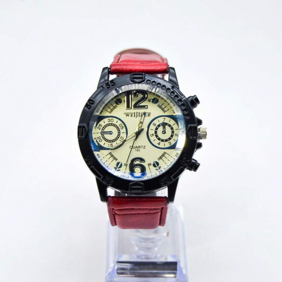 Reloj para Hombre Pulsera de Piel Vintage Elegante Diseño Clásico Casual Cronómetro Digital Multifunción Fecha, Alarma y Luz LED Estilo Formal y Deportivo Ideal para Oficina y Uso Diario - ,Rojo - Ver 1