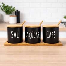 Set Of 3 Ceramic Jars With Lids And Bamboo Spoons + Bamboo Tray For Spices, Sugar, White Or Black Coffee - Blanco - No se permite escribir - Ver 2