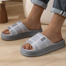 1 Pair Plaid Casual Linen Letter Print Slippers, Comfortable For Home, Party, All Seasons - Grey - View 10