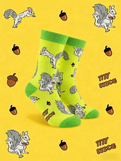1 Pair Unisex Squirrel Theme Socks - Cartoon Squirrel And Acorn Pattern With "TITTY NICE" Text, Creative And Novel Socks Suitable For Casual Daily Wear, Great For Squirrel Lovers And Cute Style Fans, Fashionable Casual Socks All Year Round