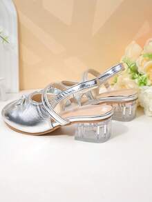 Giày sandal Mary Jane màu vàng ánh kim có nơ, gót vuông đính pha lê, chống trơn trượt, giày công chúa mùa hè cho bé gái. - Bạc - Xem 7