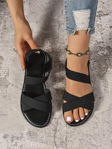 女士交叉弹力带平底凉鞋，时尚舒适宽松透气户外休闲轻便百搭优雅沙滩平底凉鞋 - 黑色 - 查看 1