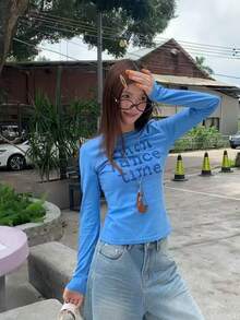 Áo thun dài tay cổ tròn in hoa dáng ôm, tay raglan, dành cho nữ, thích hợp cho mùa xuân. - Màu xanh lam - Xem 3