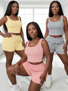 3pcs Women Elastic Waist Casual Shorts, Light Yellow & Light Pink Solid Color, Drawstring, Suitable For Spring, Autumn & Winter, Casual, Vacation, Home Summer - Light Pink/Sports Gray/Light Yellow - View 5