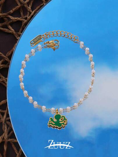 1pc Fashion Stainless Steel Epoxy Green Octopus Charm Bracelets For Women Ocean Pendant Pearl Chain Bracelet Jewelry Best Friends Gifts Suitable For Women Daily Wear