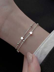 1 chiếc vòng tay bạc S925 thời trang, sáng tạo, đa năng, lãng mạn, tinh tế, hai lớp đính hạt hình ngôi sao, thích hợp cho phụ nữ đeo hàng ngày và làm quà tặng. - Bạc - Xem 6