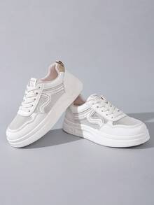 1 Pair White Flat Shoes For Teenage Girls, Solid Color Soft Breathable Perforated Stitching Wave Lace-Up Round Toe Non-Slip 3cm Platform, Fashion Cute Princess Style Casual Everyday Wear, Travel, Party, Spring/Summer 2026 New Arrival - Beige - View 1