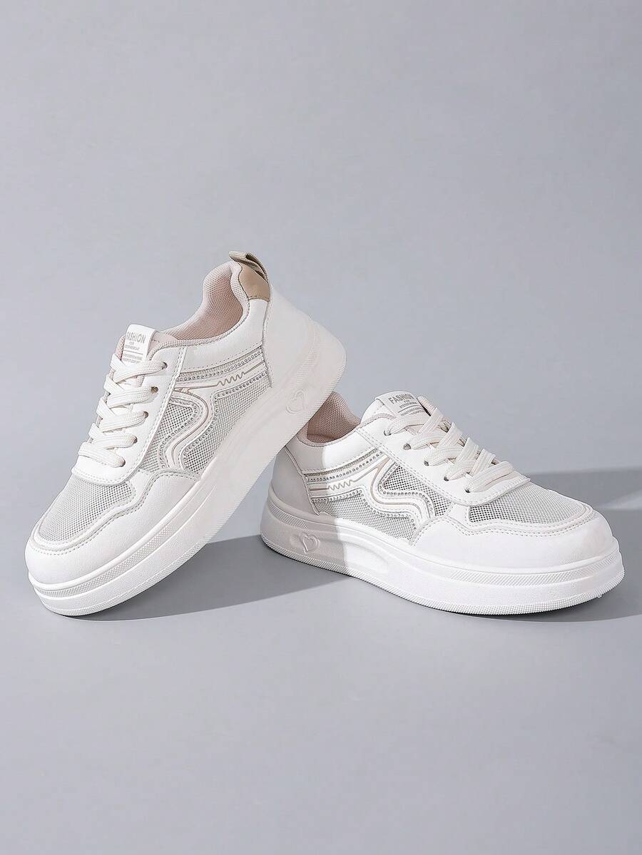 1 Pair White Flat Shoes For Teenage Girls, Solid Color Soft Breathable Perforated Stitching Wave Lace-Up Round Toe Non-Slip 3cm Platform, Fashion Cute Princess Style Casual Everyday Wear, Travel, Party, Spring/Summer 2026 New Arrival - Beige - View 1
