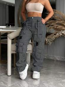 Women's Gray Multi-Pocket Retro Straight Leg Cargo Pants, Casual Street Style Fashion Versatile Trousers, Suitable For Spring & Summer - Grey - View 3