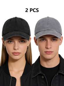 2 chiếc mũ lưỡi trai đã qua xử lý, kiểu dáng retro, mũ golf dành cho bố, mũ cotton điều chỉnh được, phù hợp cho cả nam và nữ. - mũ bóng chày - Xem 1