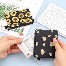2 Pc Unflower Coin Pure Fabric Coin Pouch With Key  Zipper Heart Coin Bag Mall Black Canva Pure Pouch Travel Pable Keychain - 如圖 - 查看 2