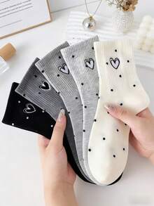 1/5 Đôi tất nữ cao đến bắp chân họa tiết trái tim và chấm bi tối giản, tất jacquard thời trang Nhật Bản mới, phù hợp để mặc hàng ngày. - Nhiều màu - Xem 5