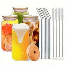 Bộ ly thủy tinh 500ml, ly thủy tinh 16oz/500ml có nắp và ống hút, ly uống nước kiểu hũ Mason, ly cà phê đá, ly thủy tinh có nắp tre, ly dễ thương, ly bia, ống hút tái sử dụng và dụng cụ vệ sinh ống hút, thích hợp cho nhà hàng/khách sạn/kinh doanh. - trong suốt - Xem 10