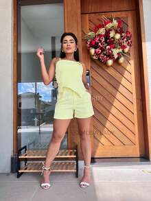 SJD MODA LADY Solid Tailored Set Chic Youth Asymmetrical Hem Top With Elastic Back Padding - Màu vàng - Xem 4