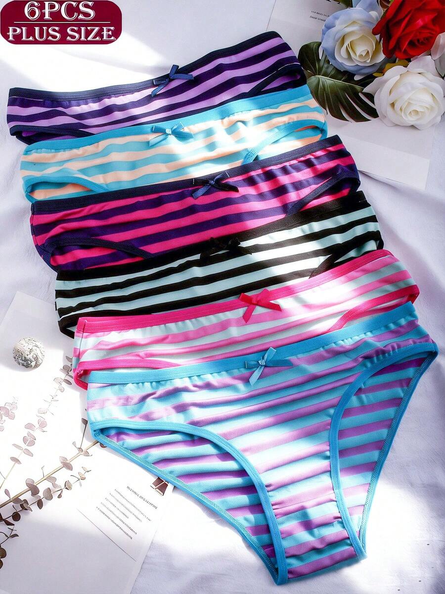 6-Pack Plus Size Summer Striped Cotton Low Rise Panties For Women, Breathable Soft Daily Wear Briefs With Bow Decor - 多色2 - 查看 1