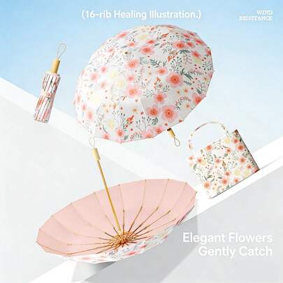 1 Piece 16-Rib Foldable High-End Manual Large Umbrella, Suitable For Students, Office, Family Outings, Sunshade, Anti-UV, Sunscreen, Rainy & Sunny Days, Floral Pattern In Pink And Purple,Umbrella
