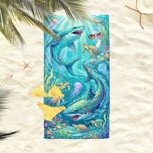 1件装海底世界鲨鱼图案毛巾，超柔软超细纤维特大号沙滩毯，超强吸水浴巾，适合旅行、游泳池、潜水、冲浪、瑜伽、露营，多种尺寸可选，沙滩配件 - 鯊魚 - 查看 7