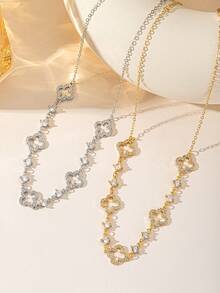 Lucky Five-Leaf Clover Cubic Zirconia Collarbone Necklace, Gold Hollow Layered Necklace, Niche Exquisite Commuter Versatile Choker Neck Chain - Multicolor - View 1