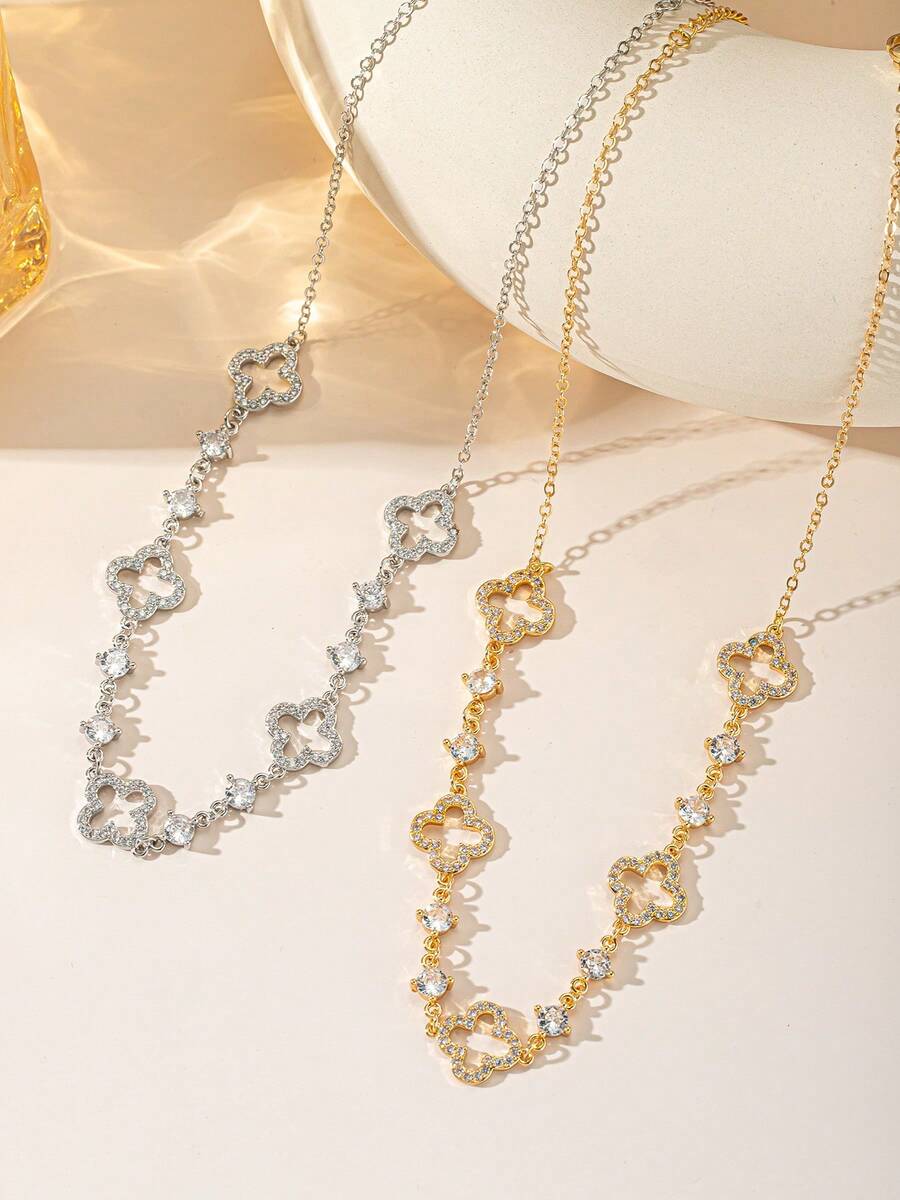 Lucky Five-Leaf Clover Cubic Zirconia Collarbone Necklace, Gold Hollow Layered Necklace, Niche Exquisite Commuter Versatile Choker Neck Chain - Multicolor - View 1