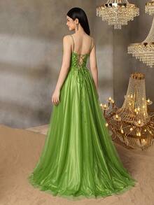 ALISA&LEO Tween Girl Elegant Evening Dress With Delicate Spaghetti Straps And Back Tie - Effortlessly Create Formal Spring/Summer Looks | Perfect For Prom And Formal Events - Green - View 6