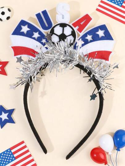 1pc Memorial Day Headband For Girls Soccer Cup Hair Hoop USA Soccer Hairband Coloured Ribbon Hair Band American Flag Headpiece Teens Hair Accessories Holiday Gift Photoprop