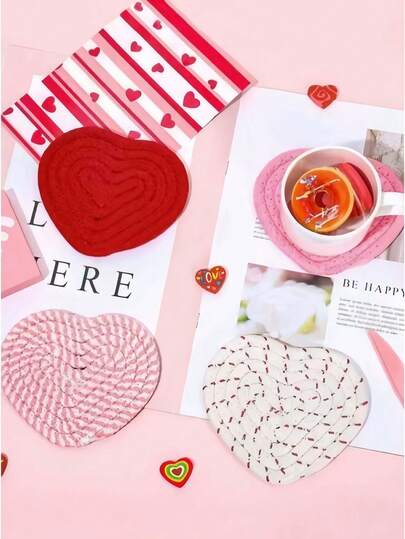 1/4 chiếc đế lót cốc cách nhiệt hình trái tim thủ công mới, đế lót bát bằng dây cotton dệt theo phong cách tối giản Bắc Âu, đế lót chống bỏng dùng để trang trí nhà cửa, cho cốc, nhà bếp, đĩa, bộ đồ ăn, tấm lót bàn, đồ dùng nhà bếp.
