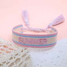1条复古刺绣“SUMMER”字样手工编织波西米亚风手链，适合送给家人、朋友、学生，也适合旅行和派对佩戴。 - 彩色 - 查看 3