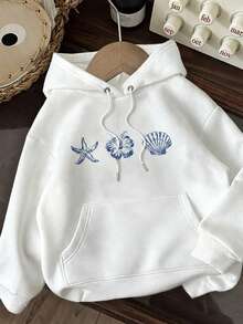 Kangaroo Hoodie With Sea Star Print, Beach-Style Flannel-Lined Sweatshirt, Cotton Jacket - Branco 3 - 查看 1
